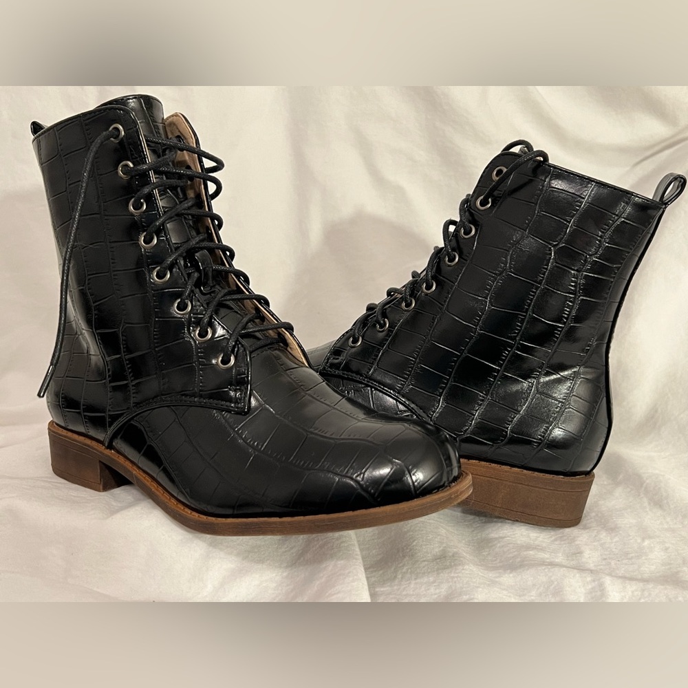 Black faux leather combat boots